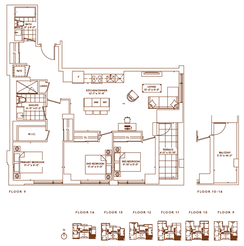 Floor plan for 3 beds, 2 baths, 1150 sqft